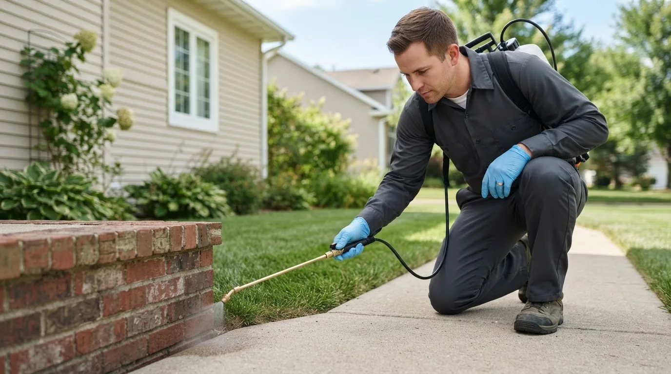 Pest control technician treating a home near Crowley, TX